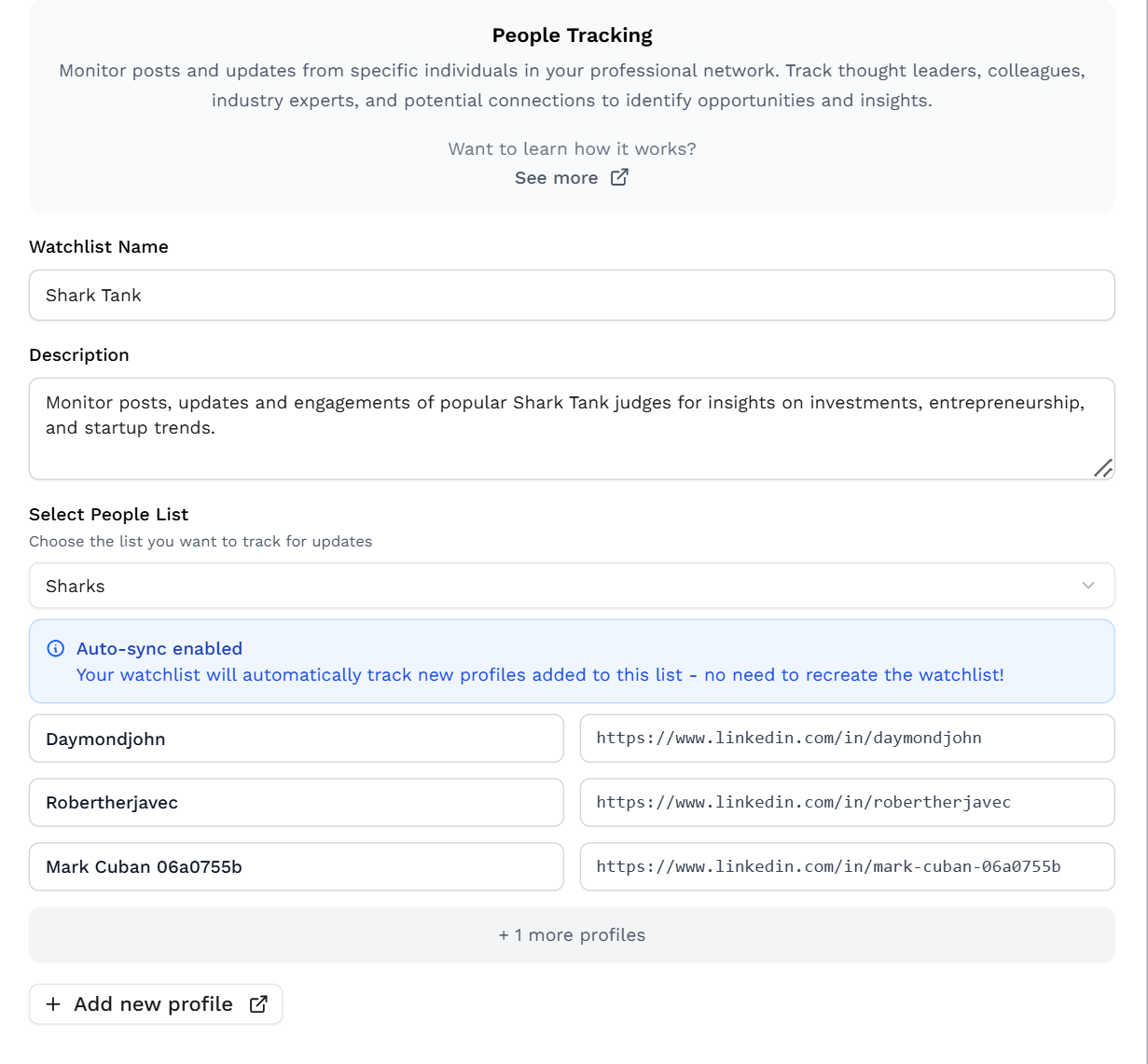 Profil-Watchlist-Beispiel in Outx.ai